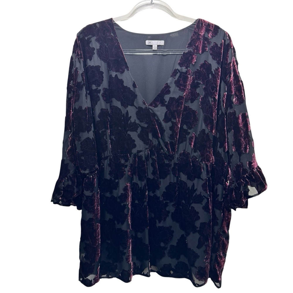 Whimsigoth Dark Fairy Floral Velvet Burnout Sheer Babydoll Top Womens 2X Plum